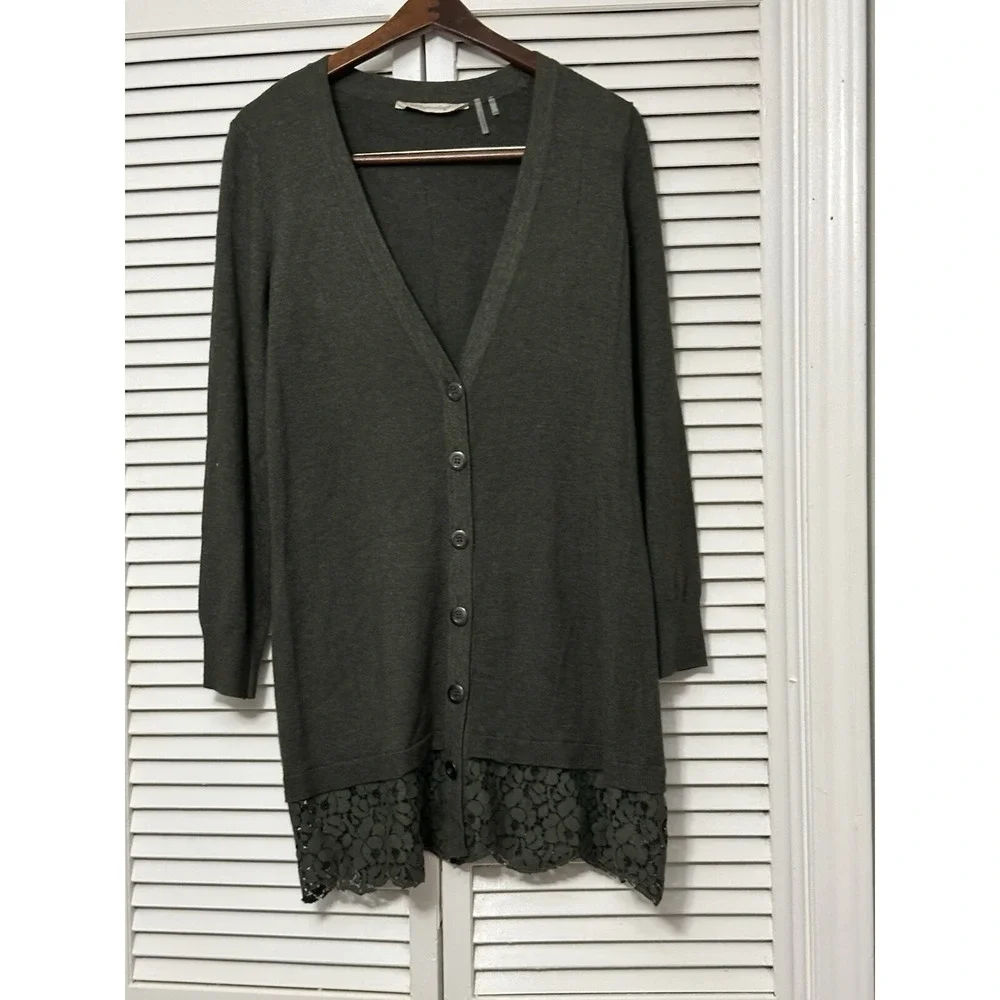 Soft Surroundings XS Tunic Cardigan Sweater Green Lace Hem Deep V-Neck Y2K Style